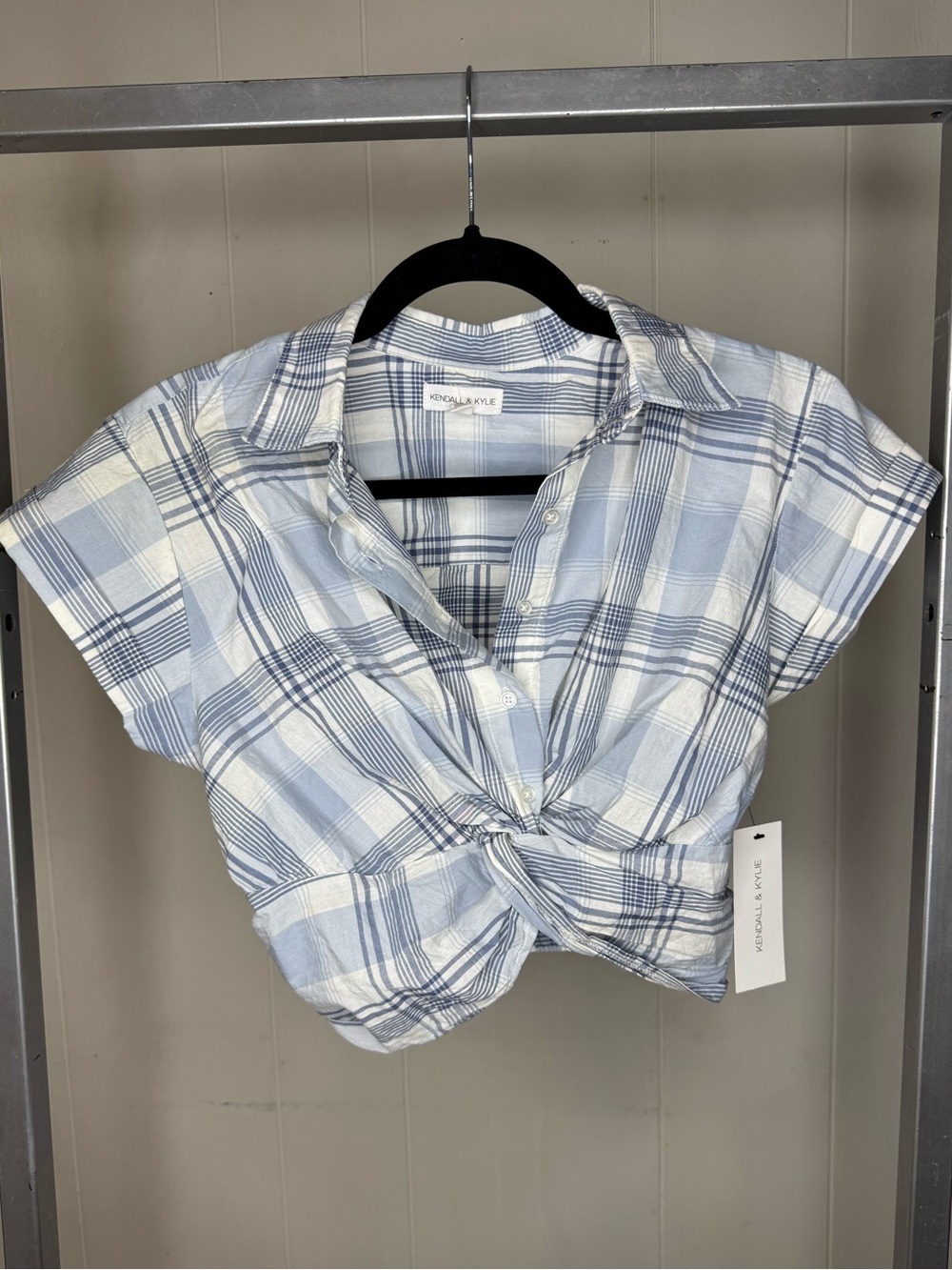 Kendall & Kylie Light Blue and White Plaid Crop Tie-Front Top